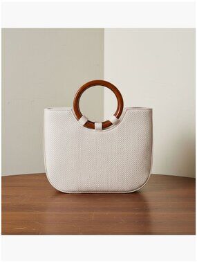 Hand-Woven Straw Tote Bag with Wood Handle, Drawstring Closure